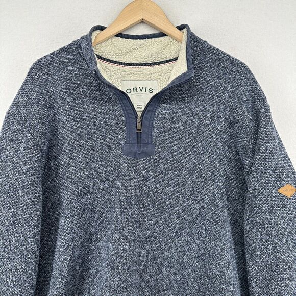 ORVIS Sweater Mens XL Brighton Sherpa Fleece Lined 1/4 Zip Marled Pullover Blue - Picture 4 of 16